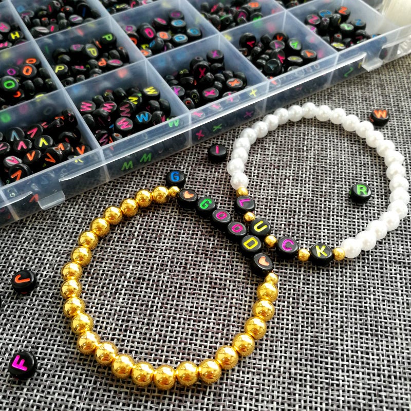 Looconi Amaney 1400 Pieces Round Alphabet Letter Beads A-Z 4x7mm Black Acrylic with Colorful Letter and Crystal Line for Jewelry Making - Image 4